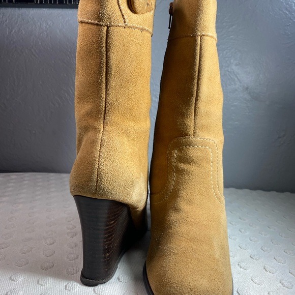 Vintage Yellow Box Womens Suede Dime Boots Wedge Heel Mid-Calf - Picture 4 of 16